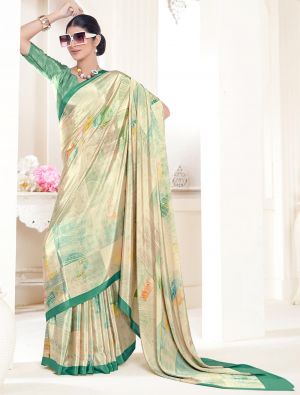 Cream And Green Crepe Silk Saree With Digital Print