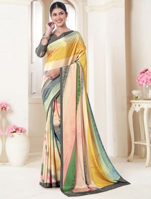 Cream And Yellow Crepe Silk Saree With Digital Print