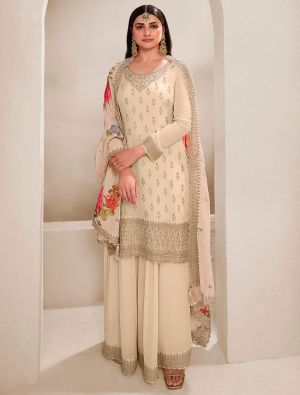 Cream Chinon Semi Stitched Sequined Palazzo Suit small FABSL21877