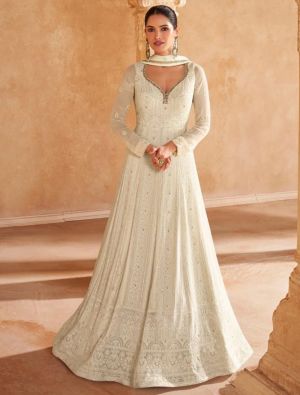 Cream Georgette Pre Stitched Anarkali Suit In 42 Size small FABSL22035
