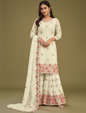 Cream Georgette Semi Stitched Embroidered Sharara Suit small FABSL21679