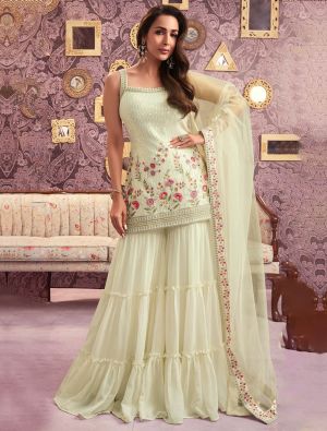 Cream Georgette Semi Stitched Embroidered Sharara Suit small FABSL22000