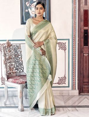 Cream Kanjivaram Silk Saree With Woven Thread Work