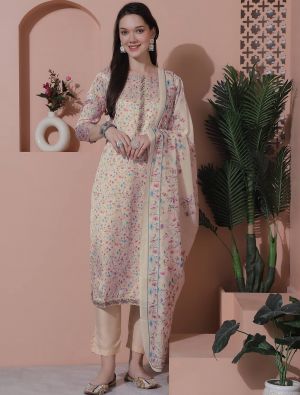 Cream Satin Digital Printed Salwar Suit small FABSL21832
