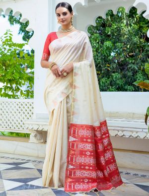 Cream Tussar Silk Saree With Silver And Copper Zari Weaves