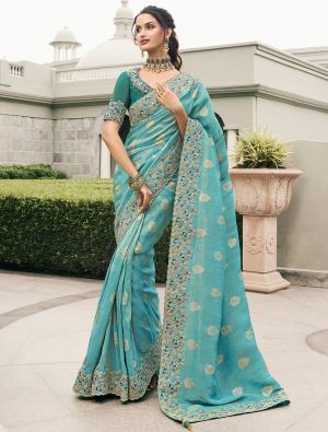 Cyan Viscose Tissue Premium Designer Saree