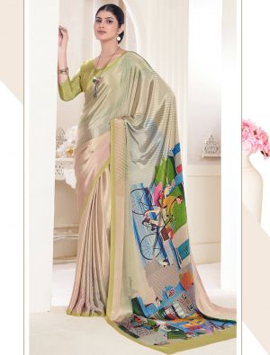 Dark Beige Crepe Silk Saree With Digital Print