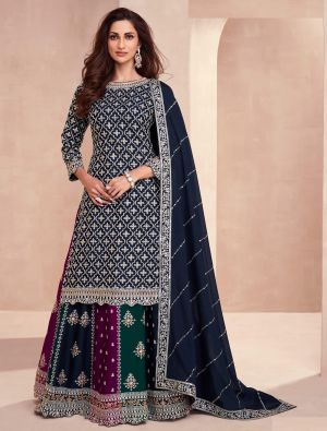Dark Blue Chinon Semi Stitched Embroidered Lehenga Suit small FABSL21752