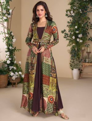 dark brown georgette fusion gown with shrug and belt fabgo20398