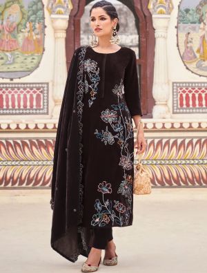 Dark Brown Velvet Embroidered Designer Salwar Kameez small FABSL21659