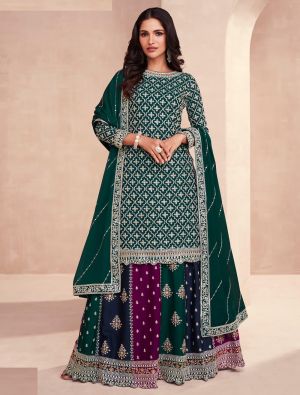 Dark Green Chinon Semi Stitched Embroidered Lehenga Suit small FABSL21753