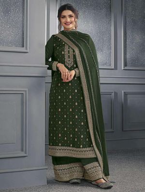 Dark Green Dola Silk Semi Stitched Salwar Kameez small FABSL21895