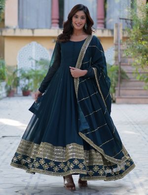 dark green georgette anarkali gown with dupatta fabgo20354