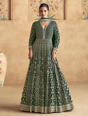 Dark Green Georgette Pre Stitched Anarkali Suit In 42 Size small FABSL22050