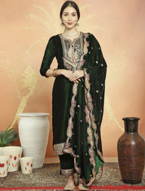 Dark Green Premium Velvet Salwar Suit With Traditional Cording small FABSL21720