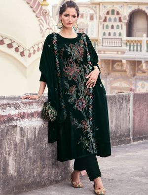 Dark Green Velvet Embroidered Designer Salwar Kameez small FABSL21654