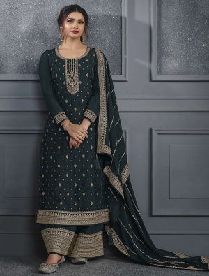 Dark Grey Dola Silk Semi Stitched Salwar Kameez small FABSL21897