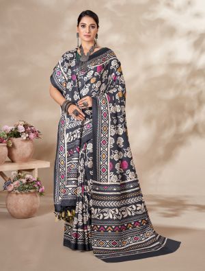 Dark Grey Winter Special Pashmina Saree With Shawl