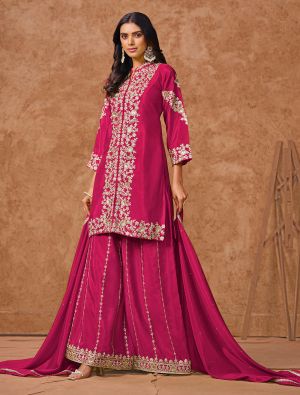 Dark Hot Pink Chinon Semi Stitched Palazzo Suit small FABSL22130