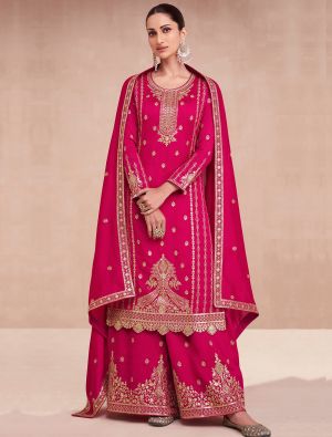 Dark Pink Art Silk Semi Stitched Embroidered Palazzo Suit small FABSL21808