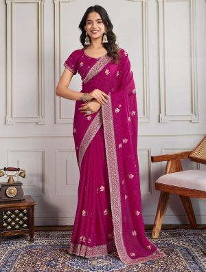 Dark Pink Star Georgette Embroidered Saree With Swarovski