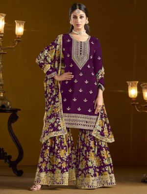 Dark Purple Chinon Semi Stitched Sharara Suit small FABSL21985