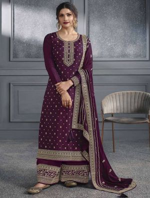 Dark Purple Dola Silk Semi Stitched Salwar Kameez small FABSL21896