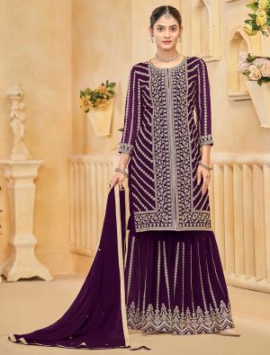 Dark Purple Georgette Embroidered Ready To Wear Sharara Suit FABSL22136