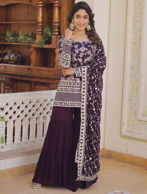 Dark Purple Georgette Readymade Sharara Suit With Zari Work FABSL21789