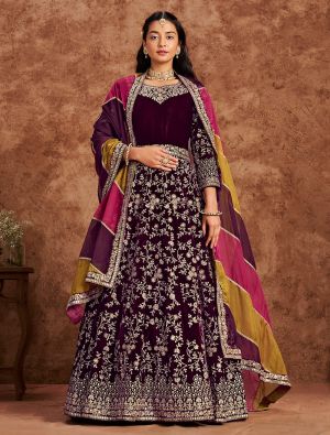 Dark Purple Velvet Embroidered Semi Stitched Anarkali Suit small FABSL22054