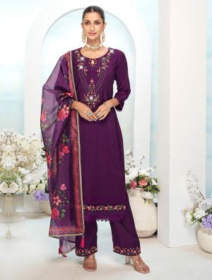 Dark Purple Viscose Silk Embroidered Ready To Wear Salwar Kameez FABSL22264