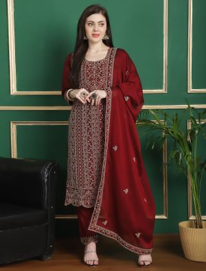 Dark Red Georgette Salwar Suit With Cording Work small FABSL21796