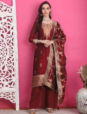 Dark Red Silk Jacquard Elegant Salwar Kameez small FABSL21889