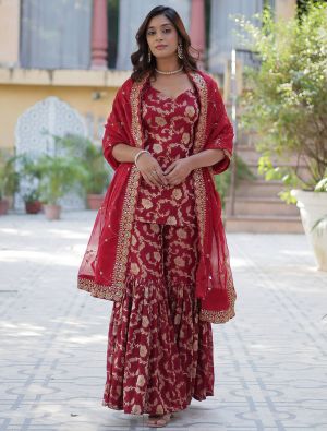 Dark Red Viscose Georgette Ready To Wear Sharara Suit FABSL22083