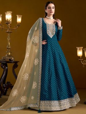 Dark Teal Chanderi Embroidered Anarkali Suit FABSL21945