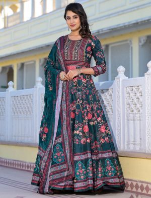 dark teal dola silk premium gown with dupatta fabgo20309