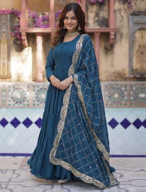 dark teal star georgette flared anarkali gown with dupatta fabgo20350