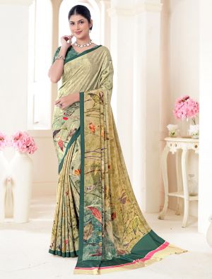 Deep Beige Crepe Silk Saree With Digital Print