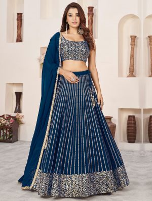 Deep Blue Georgette Lehenga Choli with Zari And Sequins small FABLE20417