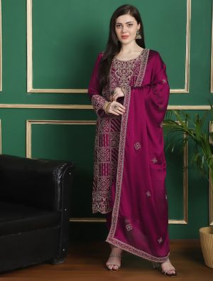 Deep Magenta Georgette Salwar Suit With Cording Work small FABSL21794