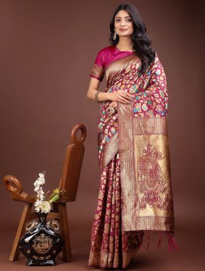 Deep Magenta Lichi Silk Festive Saree