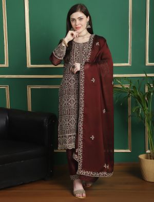 Deep Maroon Georgette Salwar Suit With Cording Work small FABSL21792
