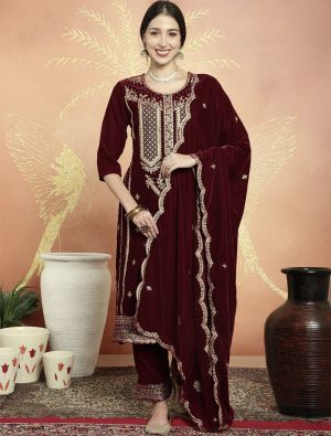 Deep Maroon Premium Velvet Salwar Suit With Traditional Cording small FABSL21722