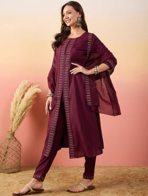 Deep Maroon Silk Blend Embroidered Readymade Salwar Kameez FABSL21948