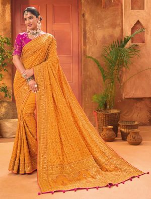 Deep Mustard Banarasi Silk Premium Saree With Kutch Work