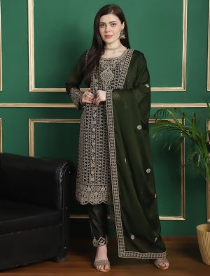 Deep Olive Georgette Salwar Suit With Cording Work small FABSL21795