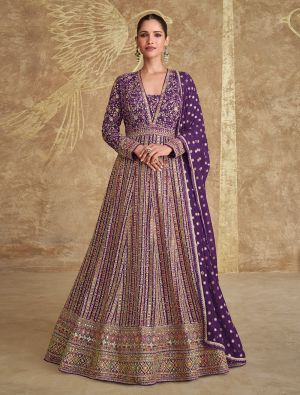 Deep Purple Georgette Pre Stitched Anarkali Suit In XL small FABSL22116