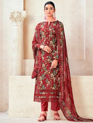 Deep Red Pure cotton Salwar Kameez With Crosio Lace small FABSL21601