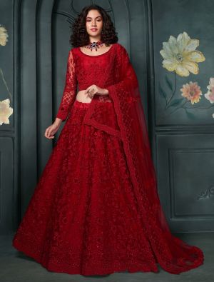 Deep Red Soft Net Wedding Wear Lehenga Choli small FABLE20402