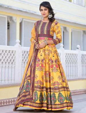 deep yellow dola silk premium gown with dupatta fabgo20306